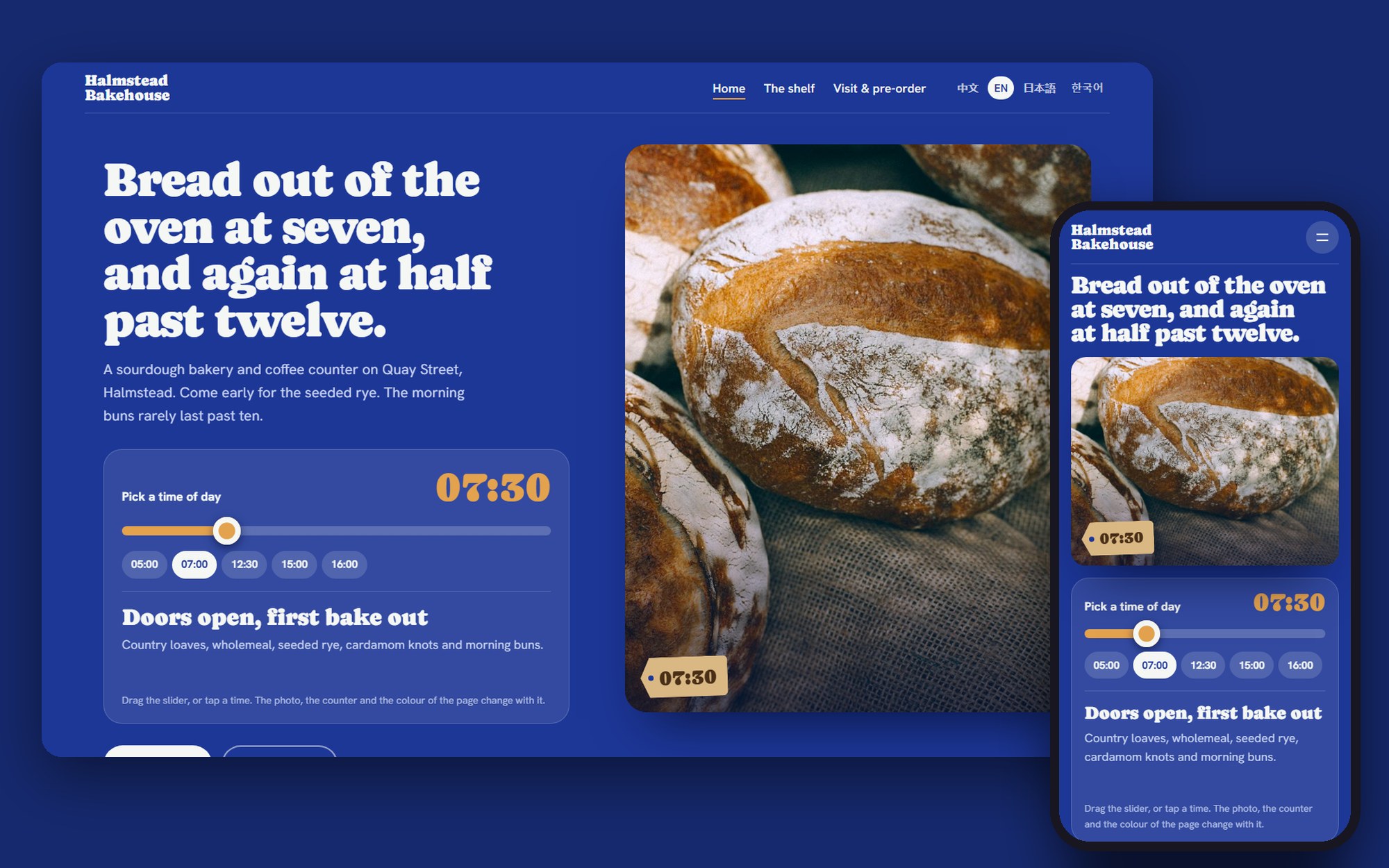 Halmstead Bakehouse on a computer and a phone: a cobalt blue page with a photograph of sourdough loaves and a time-of-day slider.