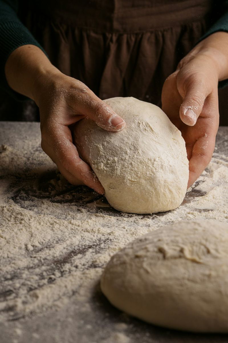Hands shaping dough on a floured bench.