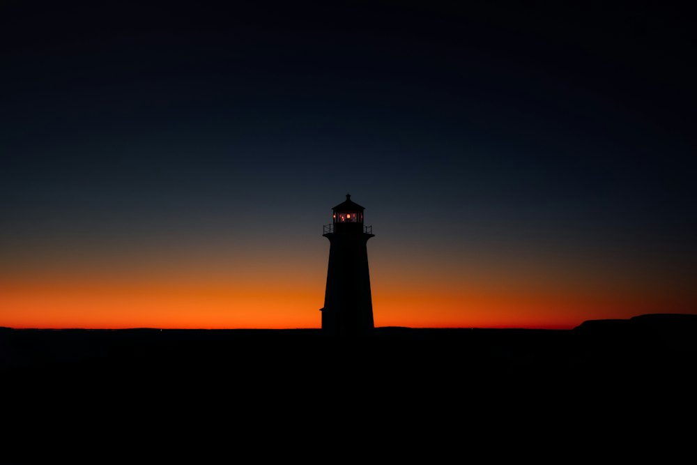 A lighthouse in silhouette against a sunset sky.